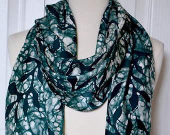 silk scarf, green scarf, batik scarf, hand painted silk scarves, green & white scarf, green vines, summer scarf, gift for her, large shawls,