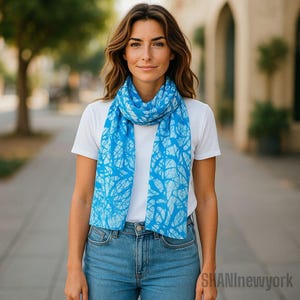 sky blue scarf, batik scarf, silk scarves, blue vines, hand painted silk scarf, summer scarf, blue & white scarf, blue shawl,long silk scarf