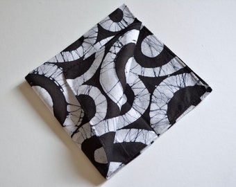 cotton pocket square, mens handkerchief, batik pocket square, hand made handkerchief, black & white handkerchief, gift for him, 100% cotton