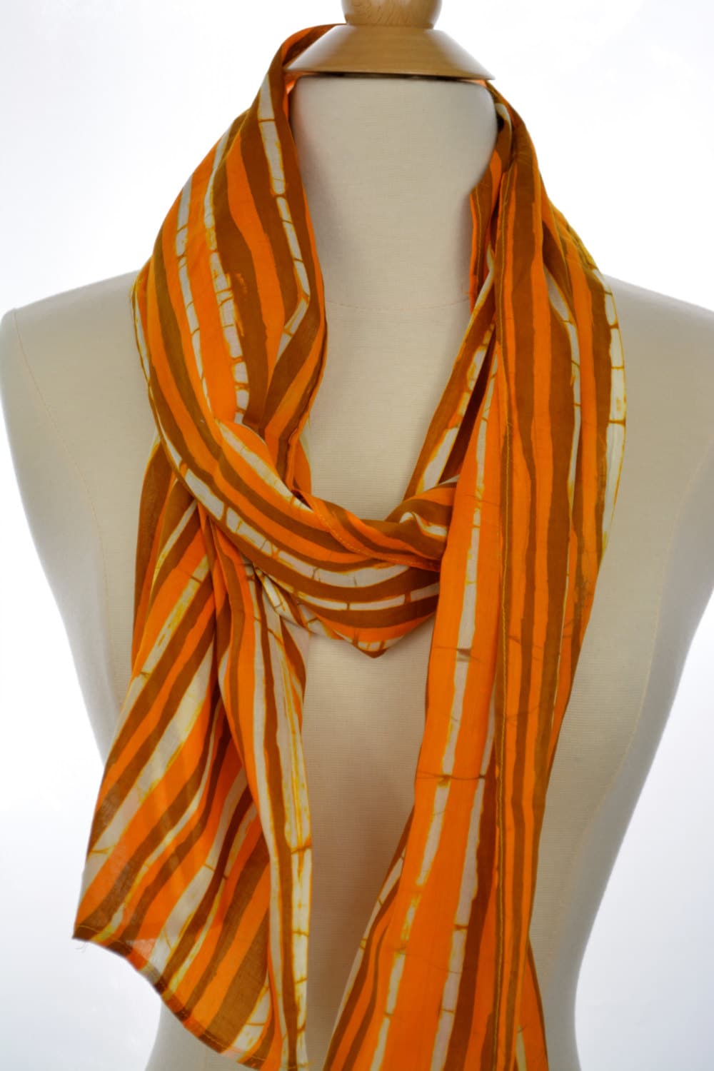 Batik Cotton Scarf Brown and Orange. Handmade Striped Scarf, Batik