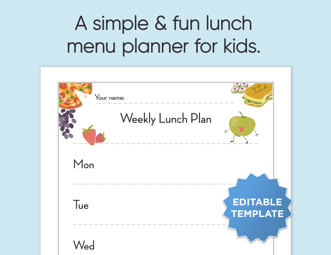 Kids Printable + Editable Weekly Lunch Planner | Simple Kids School ...