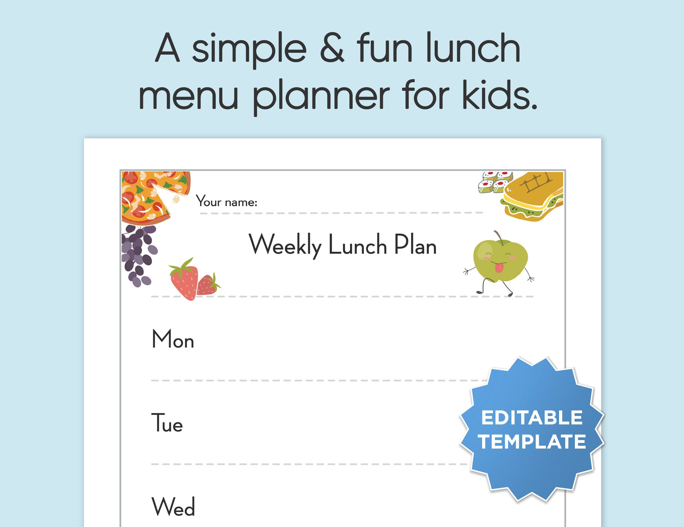 Kids Printable + Editable Weekly Lunch Planner | Simple Kids School ...