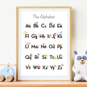 Gráfico ilustrado do alfabeto para impressão, pôster do alfabeto, aprendizagem do alfabeto para crianças, decoração do ensino doméstico