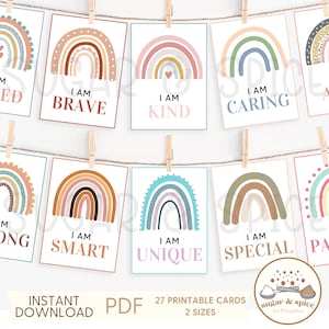 Cartes d'affirmations positives à imprimer pour les enfants, cartes d'encouragement pour les enfants, notes de boîte à lunch Boho arc-en-ciel, je suis affirmations - PDF