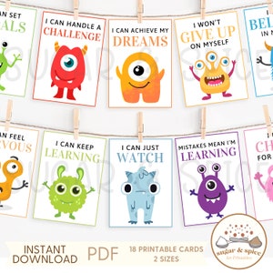 Positive Affirmationen für Kinder zum Ausdrucken, Ermutigung Flashcards für Kinder, Monsterkarten Ich bin Affirmationen Lunch Box Notizen - PDF