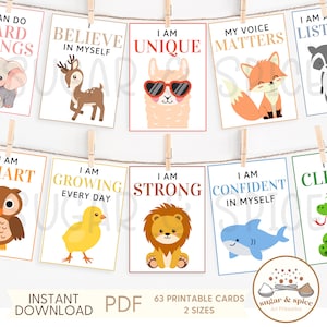 Positive Affirmationen für Kinder zum Ausdrucken, Ermutigung Flashkarten für Kinder, Bauernhof Waldsafari Babytiere Ich bin Affirmationen - PDF
