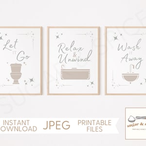 Let Go Relax Unwind Wash It Away 3 Piece Wall Art, Toilet Sink Bathtub Guest Bathroom Decor Printable Wall Art, Restroom Bath Sign- DOWNLOAD