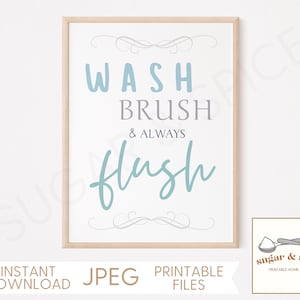 Wash Brush Flush Funny Bathroom Sign, Kids Bathroom Decor or Guest Restroom Sign Printable Wall Art, Cute Bathroom Decor Poster - DOWNLOAD