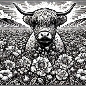 May include: Black and white illustration of a Highland cow in a field of flowers. The cow has long horns and shaggy fur. Mountains and clouds are in the background. The flowers are in full bloom.