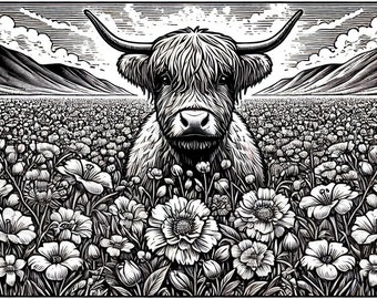 Highland Cow SVG Line Art Collection: Volume 1 - Laser Engraving Vector Graphics of Cute Cows with Flowers