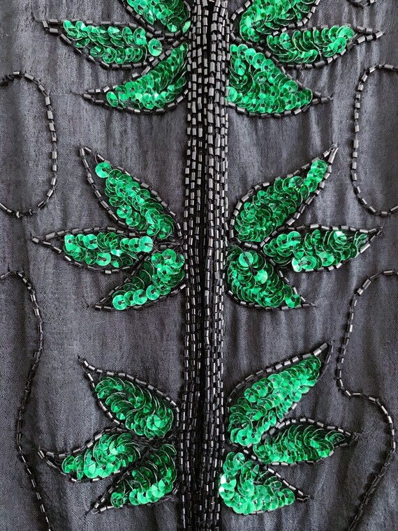 Black Beaded Jacket with Green Sequin Leaves - image 2