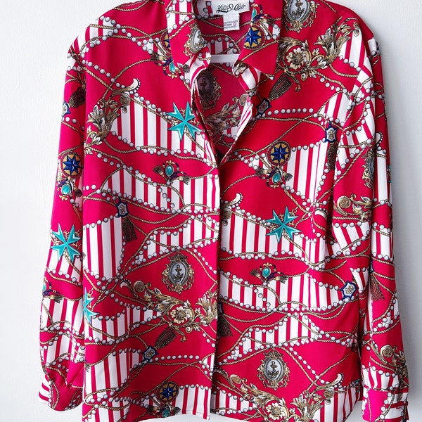 Yves St. Clair Red White Blouse with Regale Print