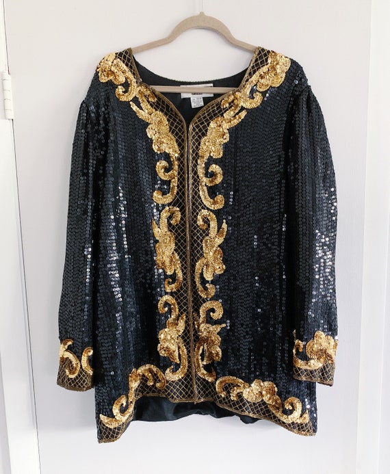 Black/Gold Sequin Beaded Long Jacket/Duster/Kimono
