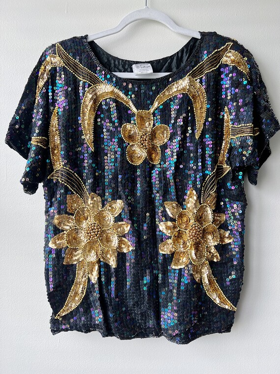 Beaded Sequin Top with Gold Floral Motif - image 1