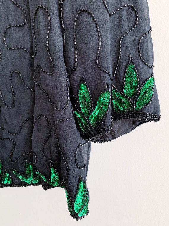 Black Beaded Jacket with Green Sequin Leaves - image 5