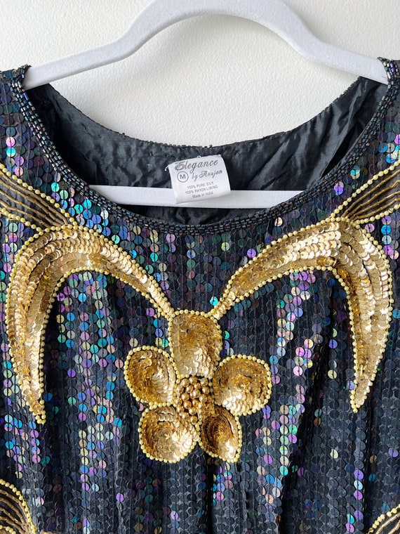 Beaded Sequin Top with Gold Floral Motif - image 2