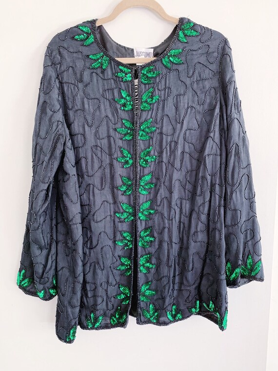 Black Beaded Jacket/Kimono with Green Sequin Leave