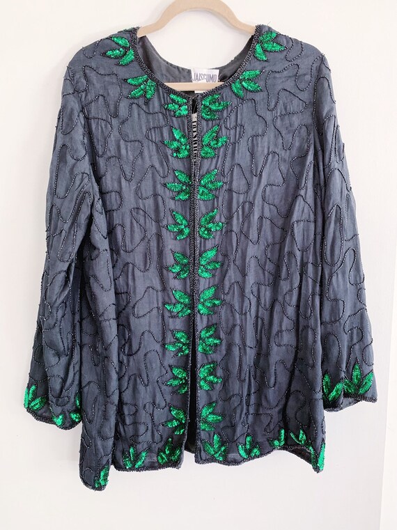 Black Beaded Jacket with Green Sequin Leaves - image 1