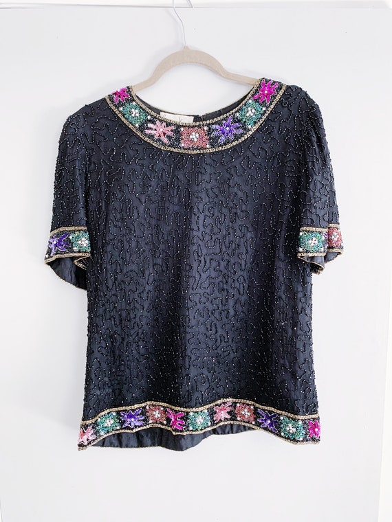 Beaded Sequin Top with Floral Border