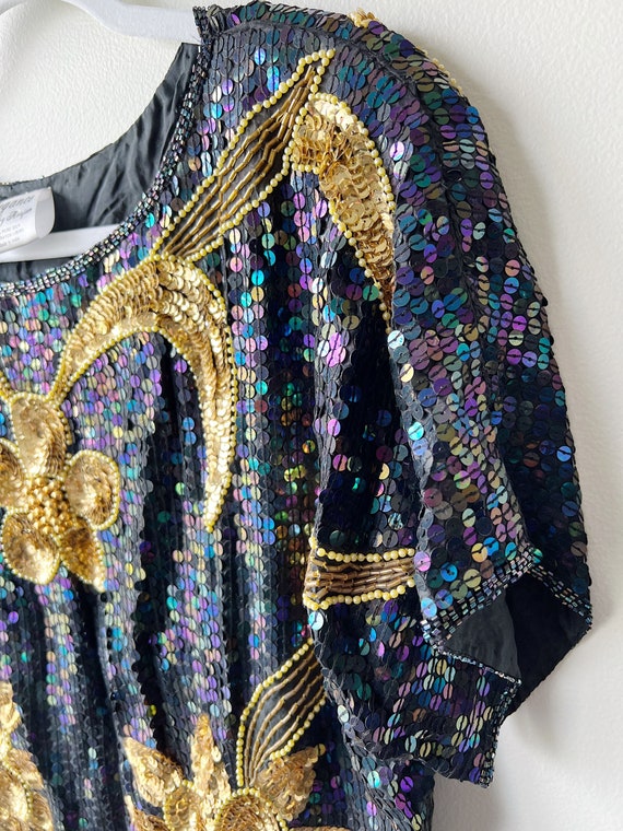 Beaded Sequin Top with Gold Floral Motif - image 4