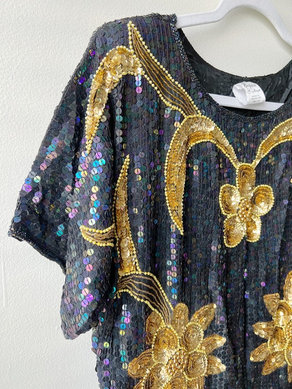 Beaded Sequin Top with Gold Floral Motif - image 3