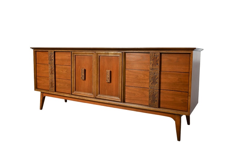 Bassett Mayan Walnut Credenza Long Dresser Mid Century Modern image 1