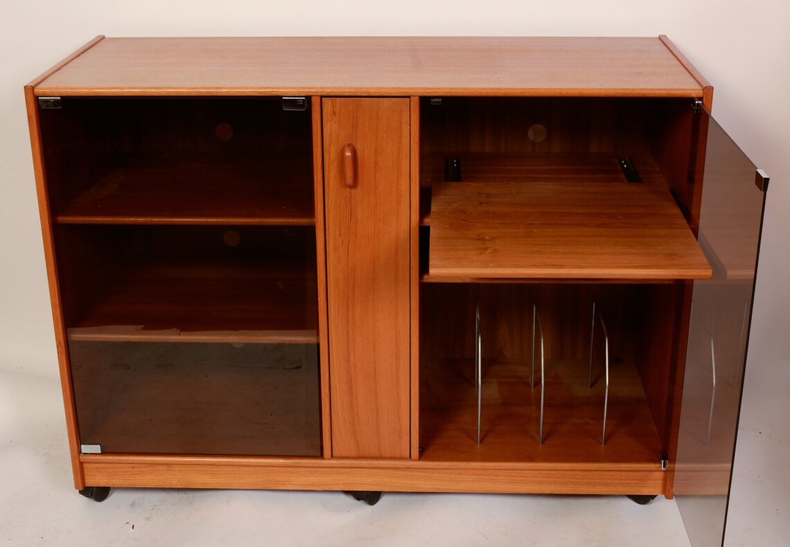 Teak Stereo with Glass Doors Credenza Danish Modern Etsy