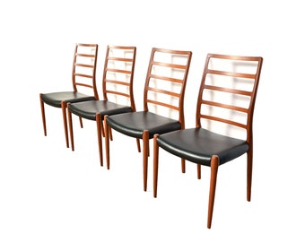 J.L. Moller 4 Teak Dining Chairs Model 82 Black Leather Danish Modern