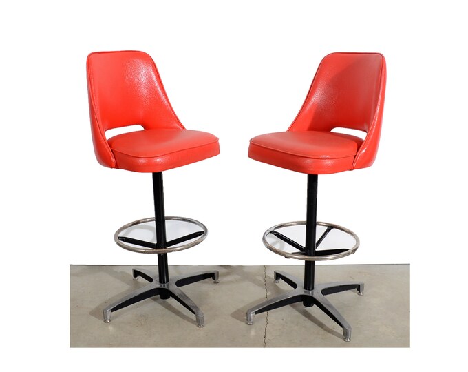 Red Bar Stools Swivel Seats Chrome Mid Century Modern Etsy