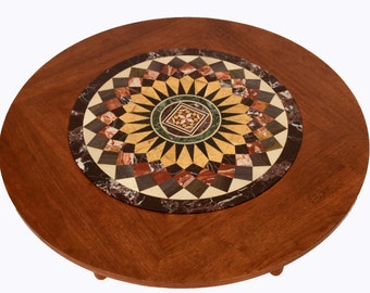 Teak Coffee Table Marble Mosaic Mariners Compass Round Cocktail Table Danish Modern