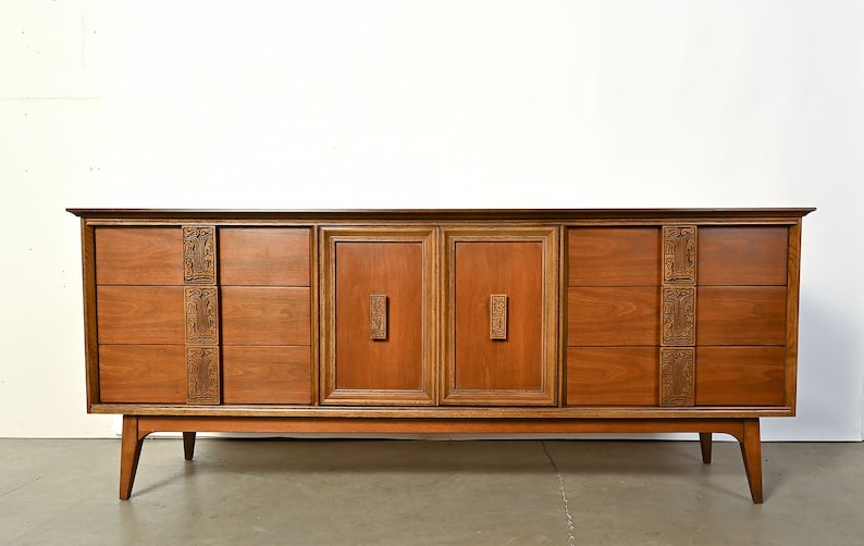 Bassett Mayan Walnut Credenza Long Dresser Mid Century Modern image 2