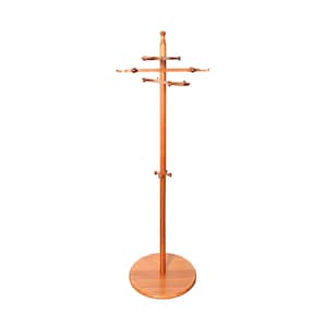 May include: A wooden coat rack with a round base and multiple arms for hanging clothes. The rack is made of natural wood and has a rustic look.