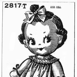 Peut inclure: Illustration en noir et blanc d'une poupée en chaussette portant une robe avec un nœud dans les cheveux. La poupée est étiquetée "Sock Doll" et "2817-T".