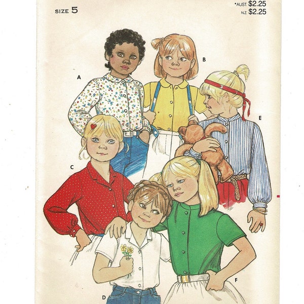 Butterick 4256 Children's Blouse Sewing Pattern, Button Front, Collar Options, Little Girl Size 5 Breast 24, Vintage 1980s Uncut