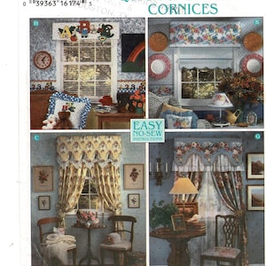 May include: Simplicity pattern 9402 for quick and creative cornices. The pattern features various window treatment designs, including valances and curtains, with floral and decorative elements. The cover includes the text "Easy No-Sew Instructions."