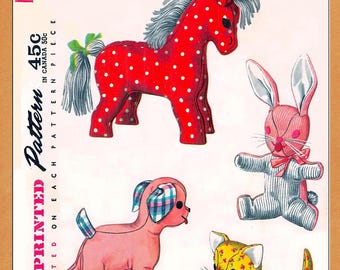 1950s UNCUT Stuffed Animal Toys Sewing Pattern,  Bunny, Cat, Dog, Horse  Simplicity 4915 (Complete-PAPER-COPY)