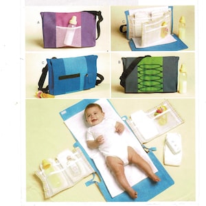 May include: A sewing pattern for a diaper bag and changing mat. The pattern includes instructions for making three different styles of diaper bags, each with a different color scheme and design. The pattern also includes instructions for making a changing mat with a built-in pocket for storing diapers and wipes.