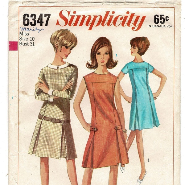 Simplicity 6347 Woman Dress Sewing Pattern with Detachable Collar & Cuffs, Misses Size 10 Bust 31, Vintage 1960s Complete