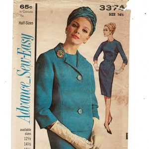 May include: Vintage sewing pattern featuring a woman in a teal suit with a matching turban and a brooch. The pattern includes a dress design. The text reads "Advance Sew-Easy" and "Size 16 1/2".
