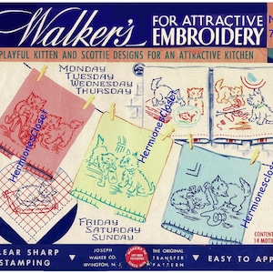 PDF KITTENS 1950s Hand Embroidery Transfer patterns 6 PLAYFUL Cat Designs Reproduction Instant download digital printable, dish towel set