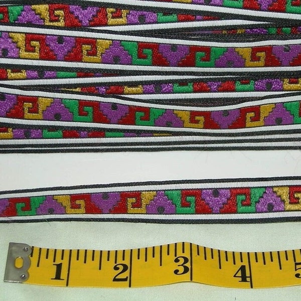 3 Yards Trim,  3/4 inch wide Multicolor Woven Braid Trim Embroidered Geometric Design, Red Purple Gold Green, diy Crafts Sewing Supply