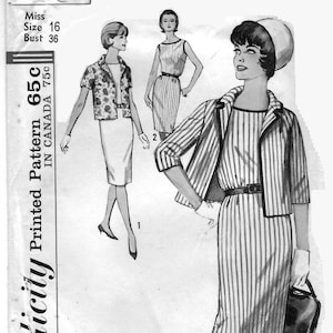 May include: Vintage sewing pattern featuring illustrations of women's dresses and jackets. The pattern includes a striped dress with a matching jacket, a floral jacket, and a sleeveless dress. The text on the pattern reads "Miss Size 16 Bust 36" and "Printed Pattern 65c IN CANADA 75c."