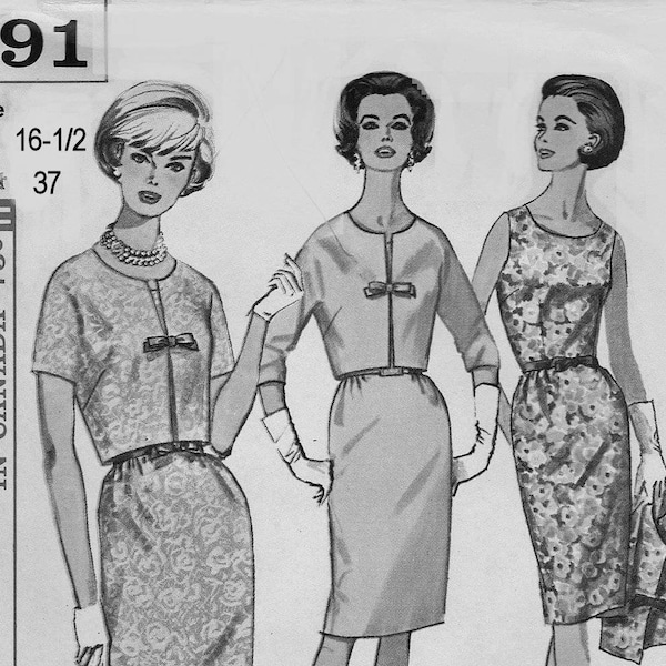 Simplicity 5491 Sleeveless Fitted DRESS & Kimono Sleeve JACKET Ladies Sewing Pattern, Vintage 1960s, Woman Half Size Bust 37 Uncut  l