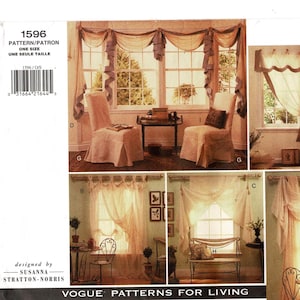 May include: A Vogue Patterns for Living sewing pattern, featuring window treatments and chair covers. The pattern includes multiple design options with draped curtains, valances, and chair slipcovers. The image shows a finished room setting with the sewn items.