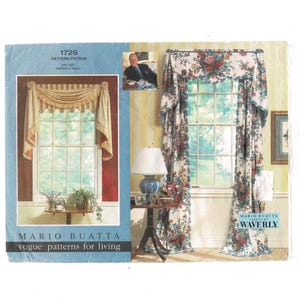 May include: A sewing pattern for curtains and valances, featuring a floral design. The pattern is by Mario Buatta, Vogue Patterns for Living, and uses fabrics by Waverly.
