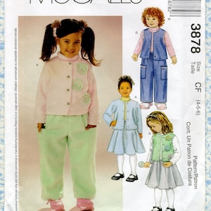 May include: A sewing pattern for children's clothing, featuring illustrations of a pink jacket with flower embellishments, mint green pants, and other outfits. The pattern includes sizes CF (4-5-6).