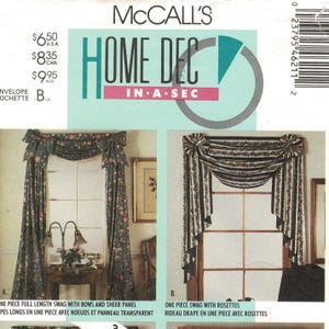 May include: McCall's Home Decor pattern featuring two window swag designs. One design includes bows and a sheer panel, the other features rosettes. The pattern includes text and pricing information.