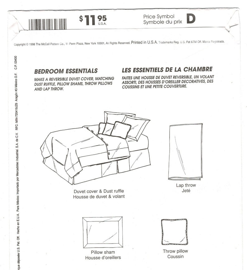 bed pillow shams vintage 1990s Uncut duvet cover McCalls 9623 timeless style dust ruffle Bedroom Decor sewing pattern lap throw