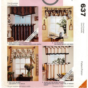May include: A vintage sewing pattern featuring four different window valance designs. The designs include a tassel cornice, clip-on valance, easy pleat valance, and an unlined button valance. The pattern includes instructions for various fabric widths.