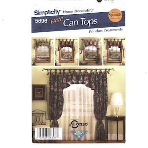 May include: A Simplicity Home Decorating sewing pattern envelope for 5696 Easy Can Tops window treatments. The package features illustrations of various curtain styles with floral patterns, including valances and drapes, with text labels A through E.